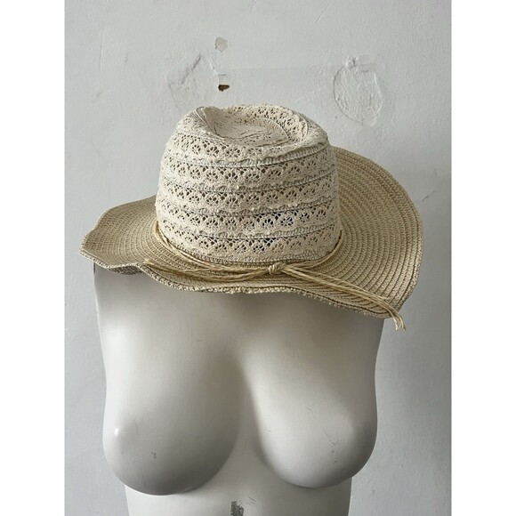 Jane + Berry Boho Western Cream Straw Cowboy Hat Lace Dollie Pattern With Ties - Picture 1 of 5